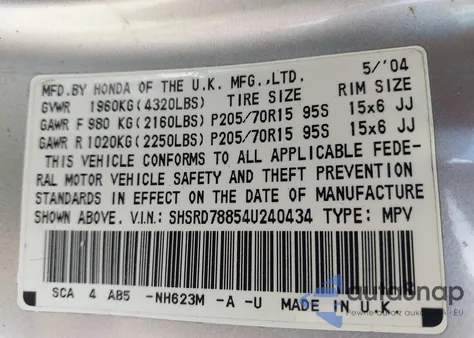 2004 Honda Cr-V Ex z USA, uszkodzony, nr VIN SHSRD78854U240434